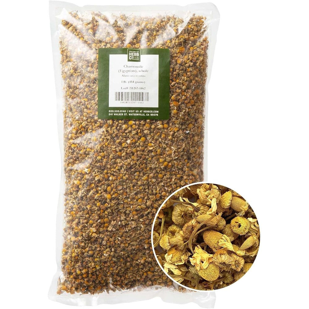 Monterey Bay Herb Co Egyptian Chamomile Whole Flowers front view of one pound bulk packaging pouch
