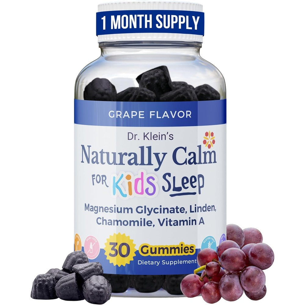 Rhoziva Kids Naturally Calm Gummies front view of the bottle showing grape flavor label