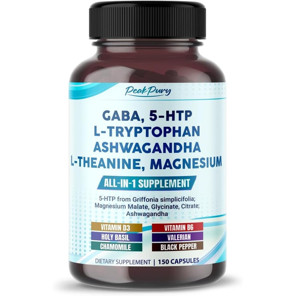 PeakPury GABA and 5-HTP complex 150 capsules bottle front view for premium sleep support.