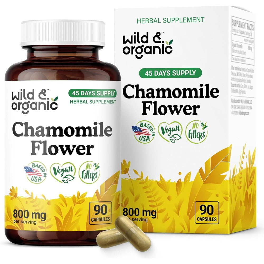 Wild & Organic Chamomile Extract 800mg capsules front label view for stress relief