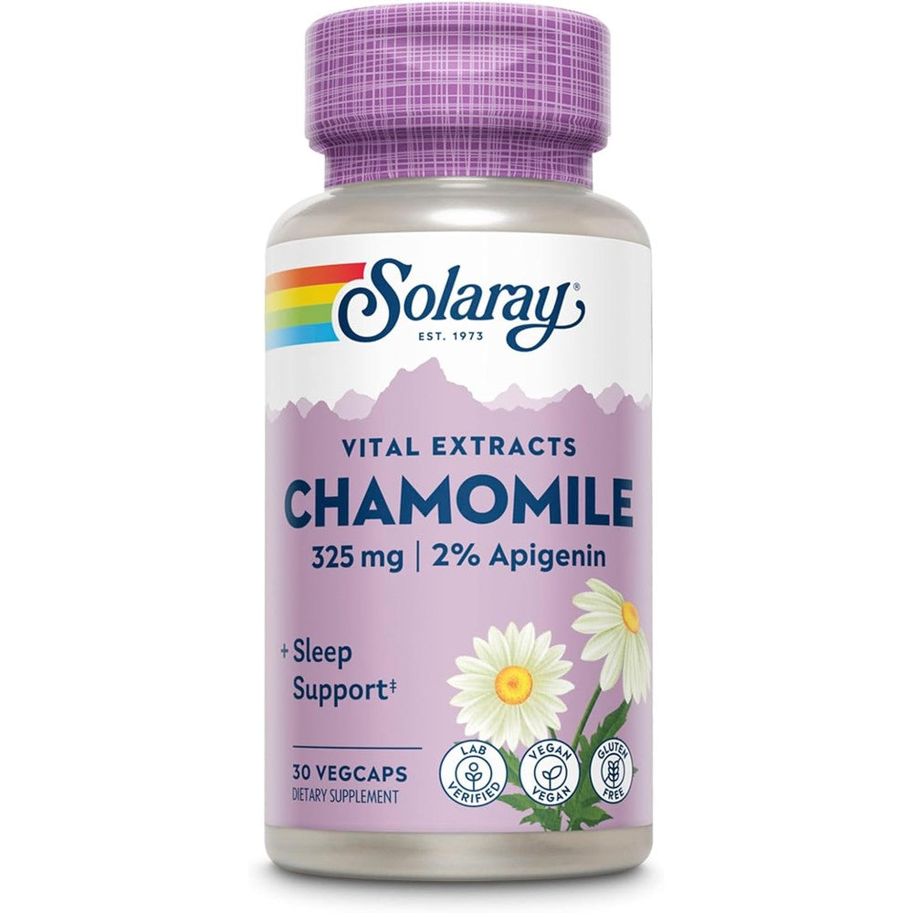 Solaray Chamomile Extract 325 Milligrams supplement bottle front view for natural sleep support.