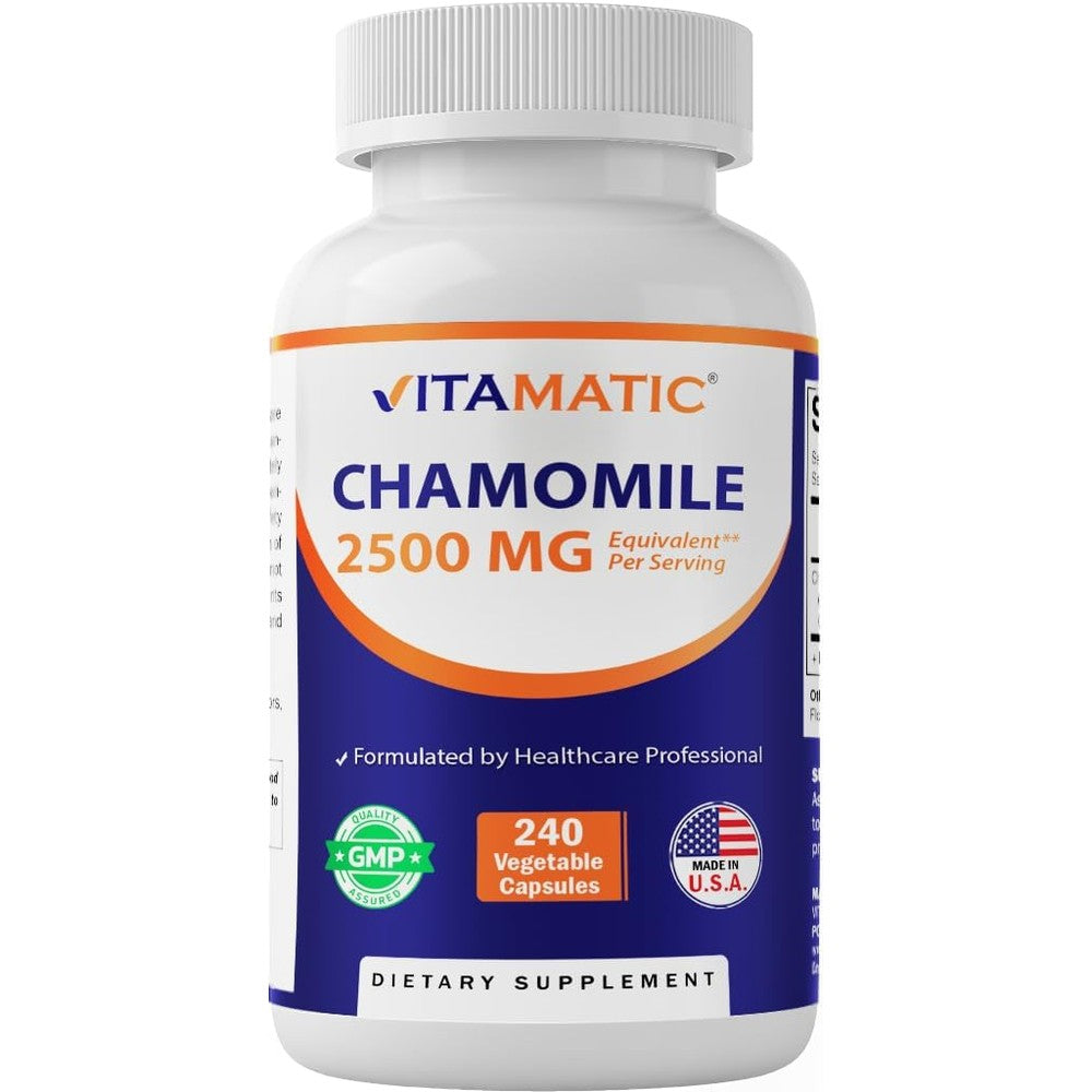 Vitamatic Chamomile 2500mg equivalent 240 veggie caps front label view for relaxation