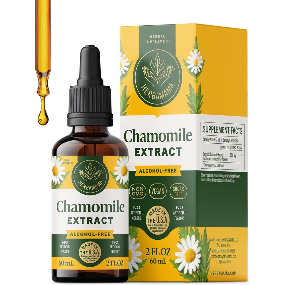 HERBAMAMA Chamomile Tincture front view amber glass dropper bottle for natural relaxation supplement.
