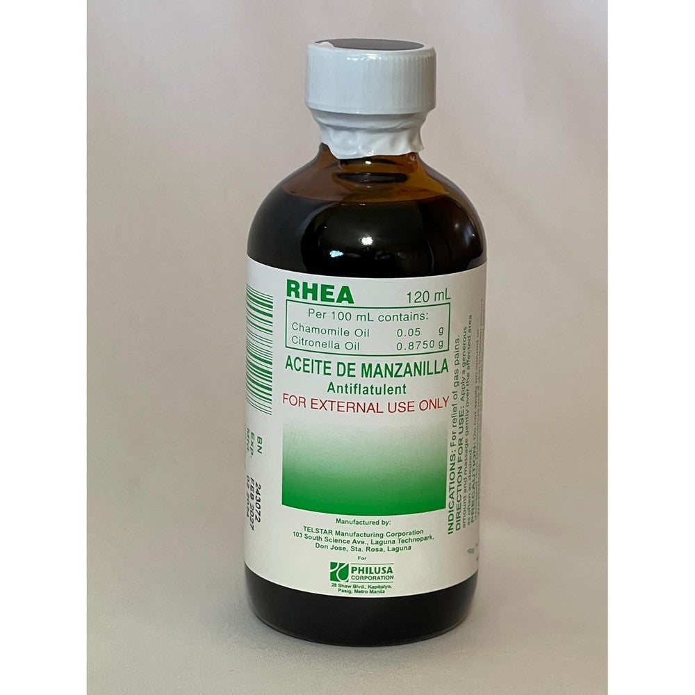 Rhea Aceite De Manzanilla chamomile oil front view bottle for baby gas relief