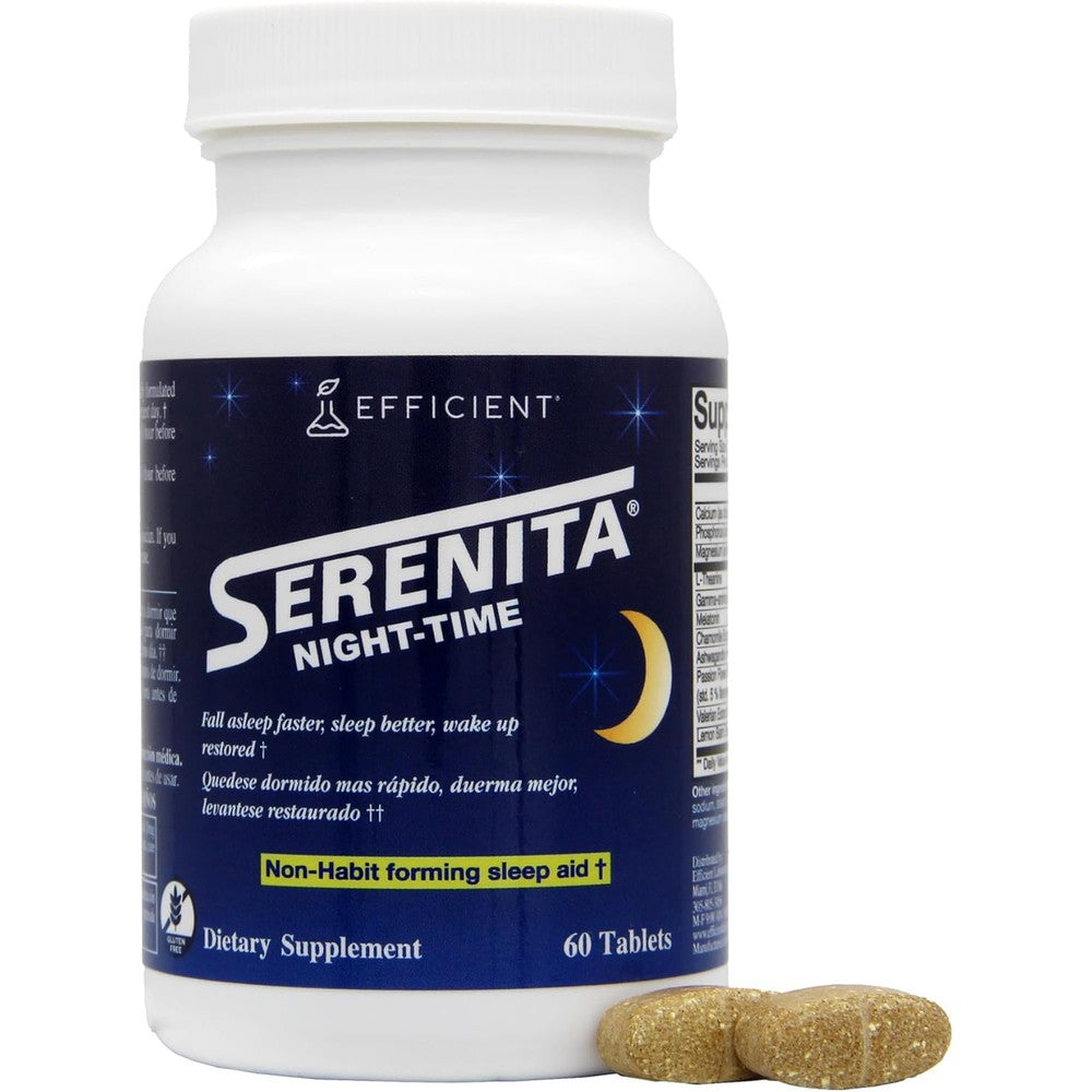 Serenita Night Time Sleep Aid front view bottle containing sixty tablets for natural sleep support.