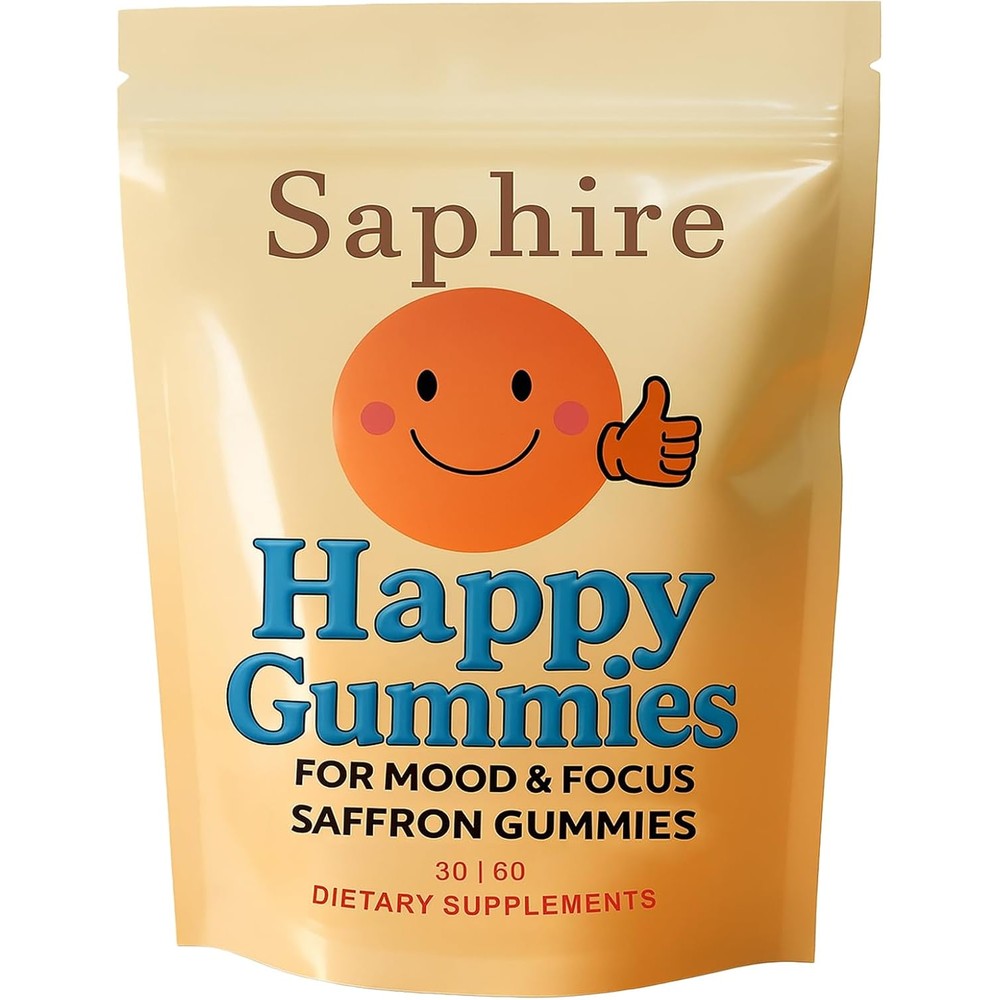Saphire Happy Sugar Free Saffron Gummies bottle front view for kids calm and focus support