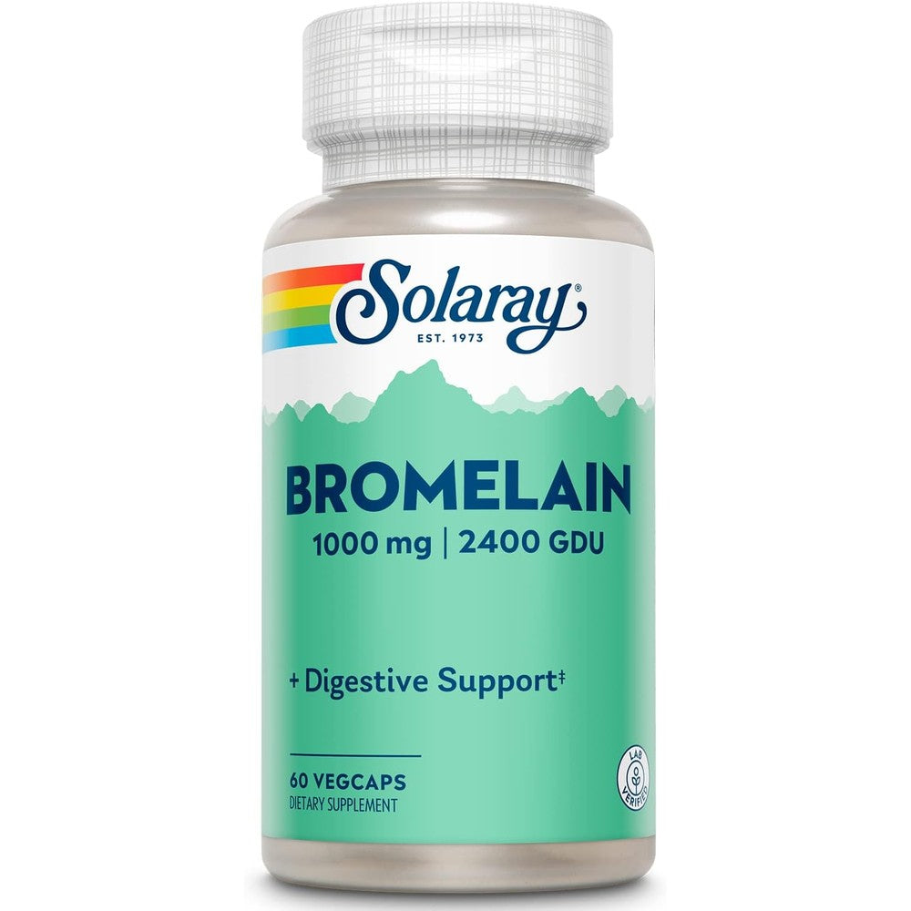 Solaray Bromelain 1000mg 60 VegCaps front view bottle for digestive and joint support.