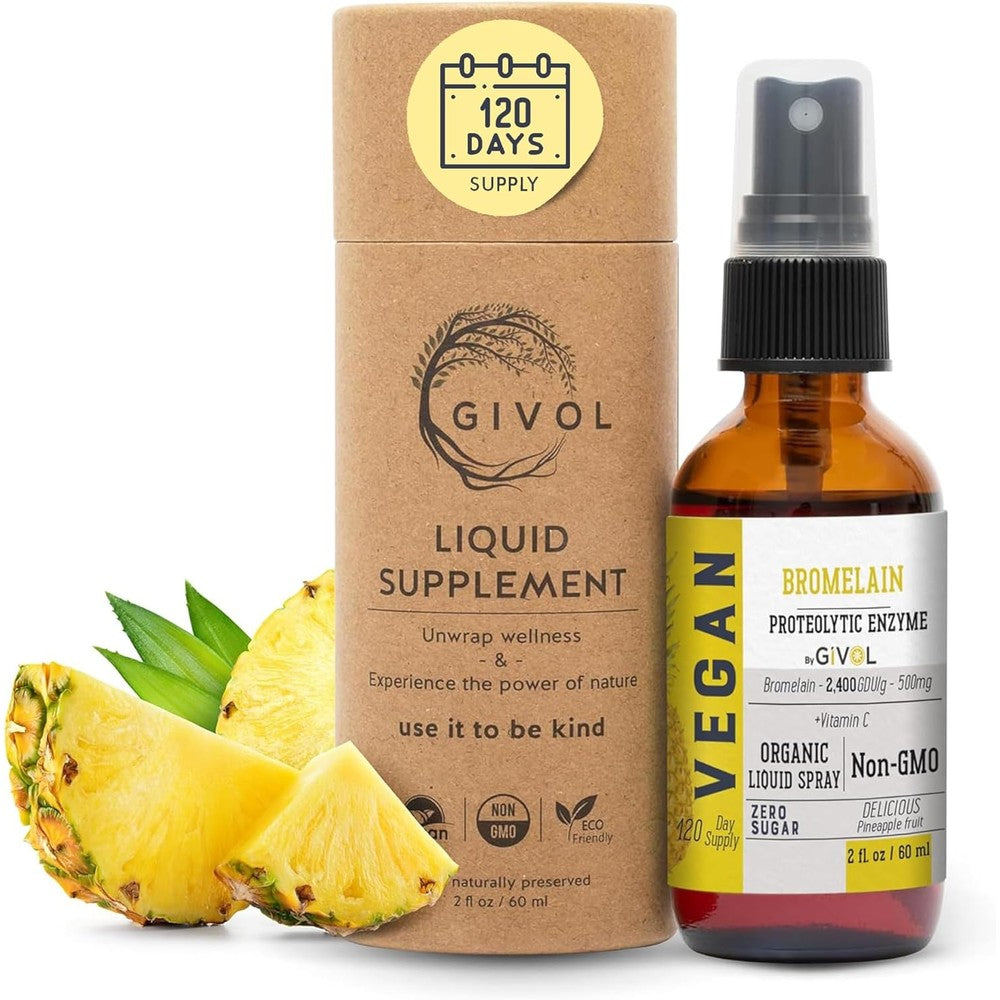GIVOL Organic Raw Bromelain Liquid Mist front view showcasing natural pineapple enzyme formula for digestion.