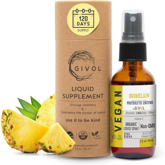 GIVOL Organic Raw Bromelain Liquid Mist front view showcasing natural pineapple enzyme formula for digestion.