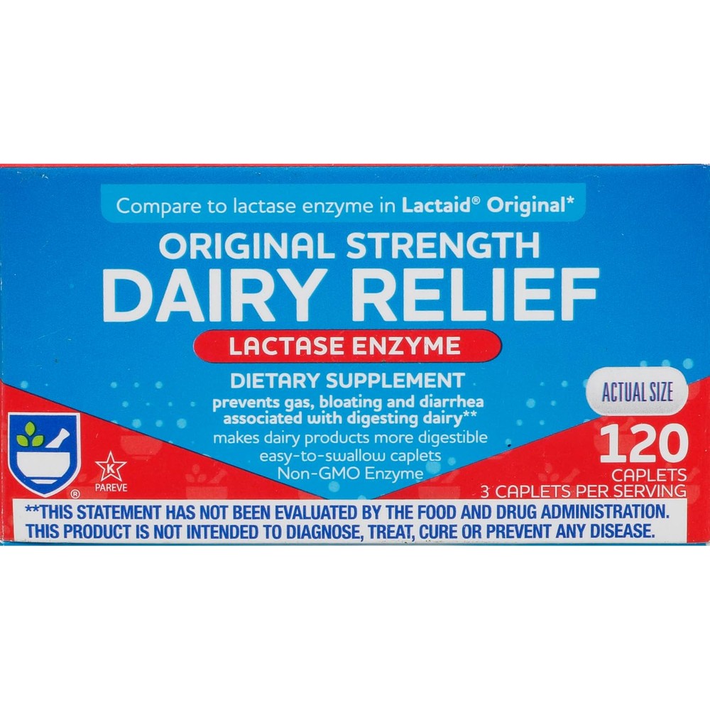 Rite Aid Lactase Enzyme Caplets 120 Count front packaging view for lactose intolerance relief.
