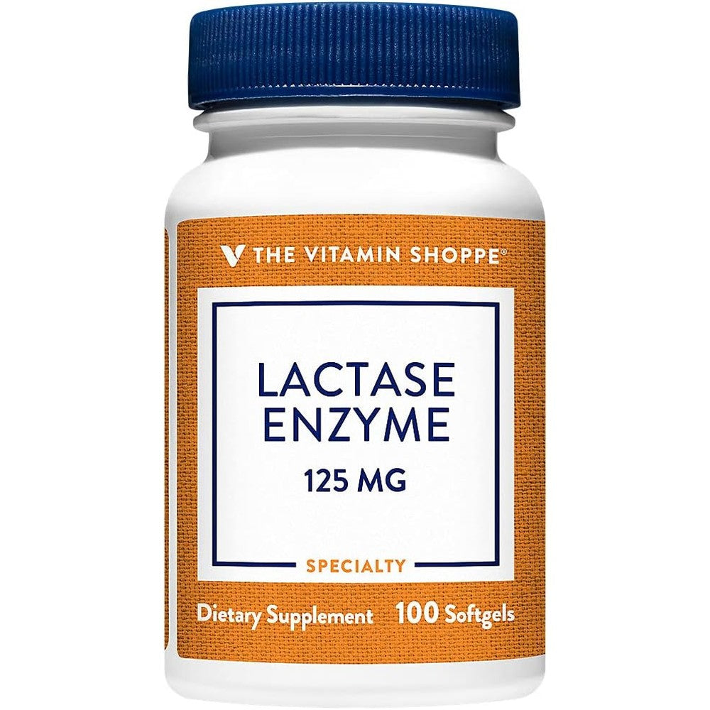The Vitamin Shoppe Lactase Enzyme 125 mg 100 softgels front bottle view for dairy digestion support