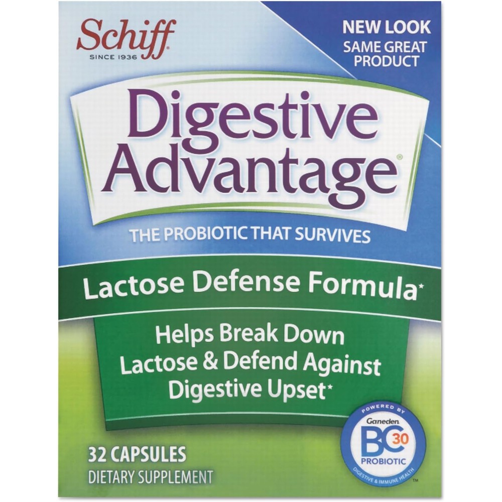 Digestive Advantage Lactose Defense Capsules thirty two count front view packaging for lactose intolerance relief