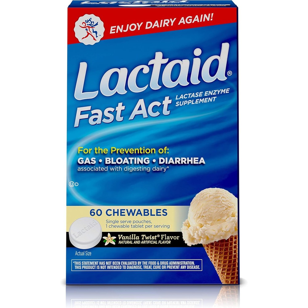 Lactaid Fast Act Lactase Enzyme Chewable Tablets front packaging showcasing 60 count size.