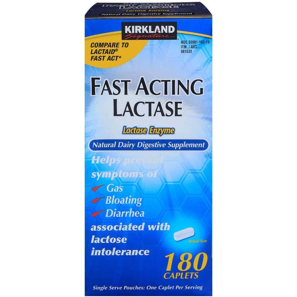 Kirkland Signature Fast Acting Lactase 180 count caplets front view bottle packaging for lactose intolerance relief.