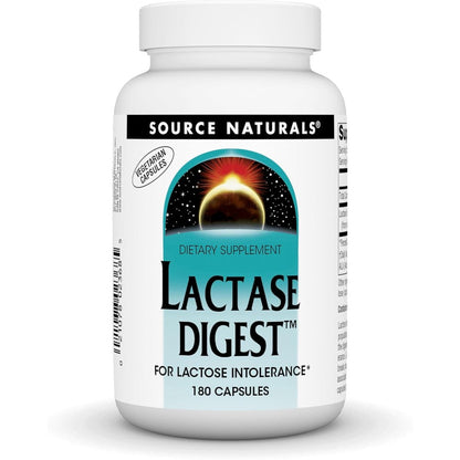Source Naturals Lactase Digest 180 vegetarian capsules front bottle view for lactose intolerance relief.