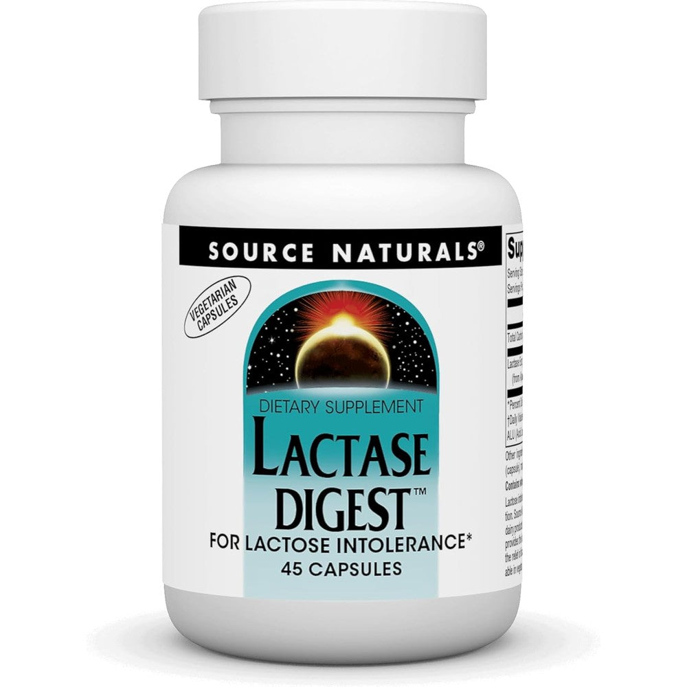 Source Naturals Lactase Digest 45 Vegetarian Capsules front bottle label showing enzyme supplement for lactose intolerance support.