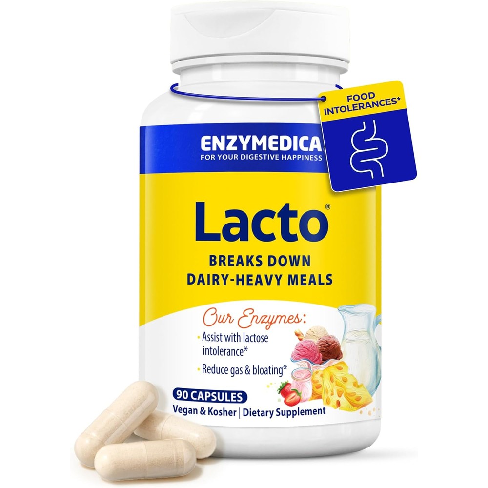 Enzymedica Lacto Advanced Dairy Digestion Formula 90 capsules front view showing lactase enzyme packaging for dairy intolerance relief