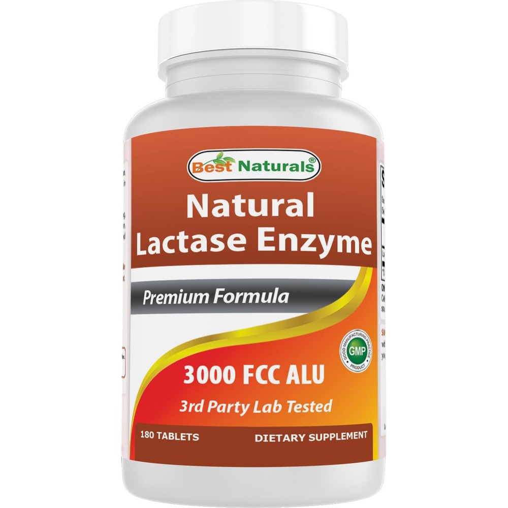 Best Naturals Fast Acting Lactase Enzyme 180 tablets front view bottle packaging for digestive health.