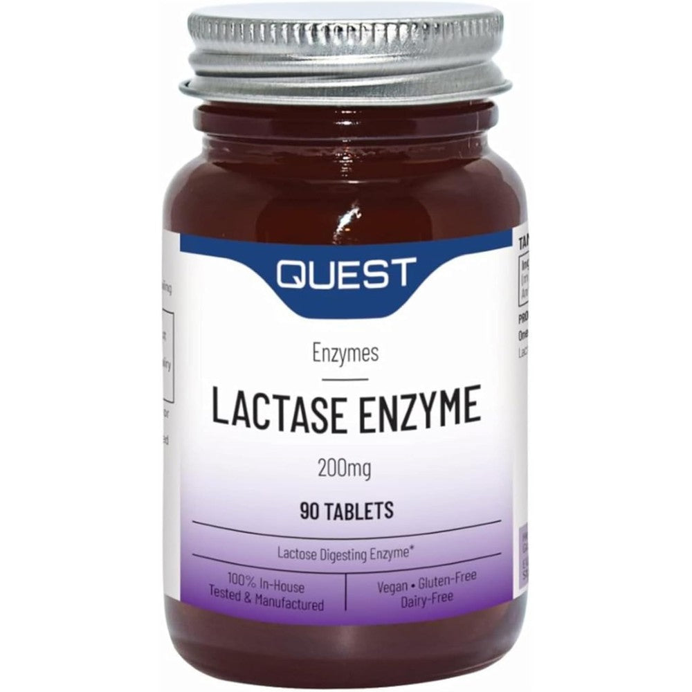Quest Vitamins Lactase 200mg 90 tablets front bottle view for lactose intolerance support.