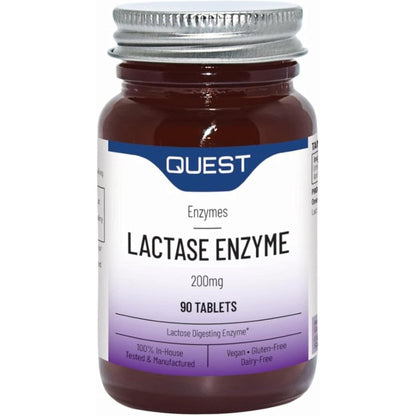 Quest Vitamins Lactase 200mg 90 tablets front bottle view for lactose intolerance support.