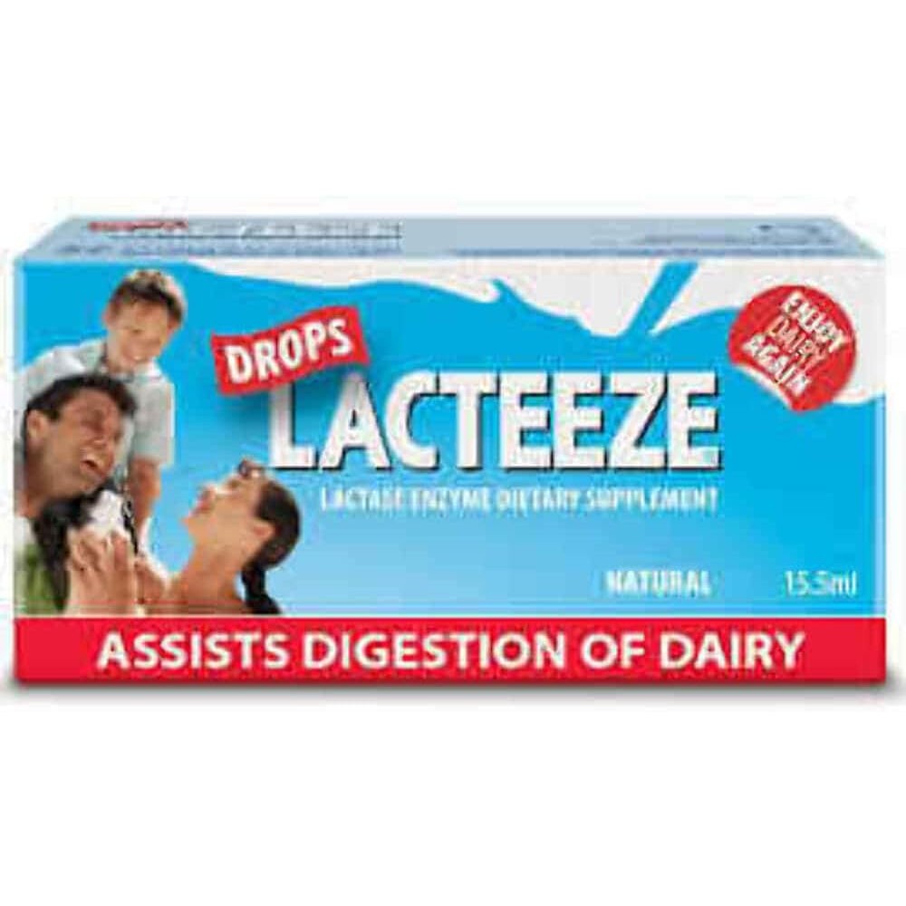 Lacteeze Gelda Lactase Enzyme Drops front view of 15.5 milliliter bottle liquid lactase supplement for infant colic relief.