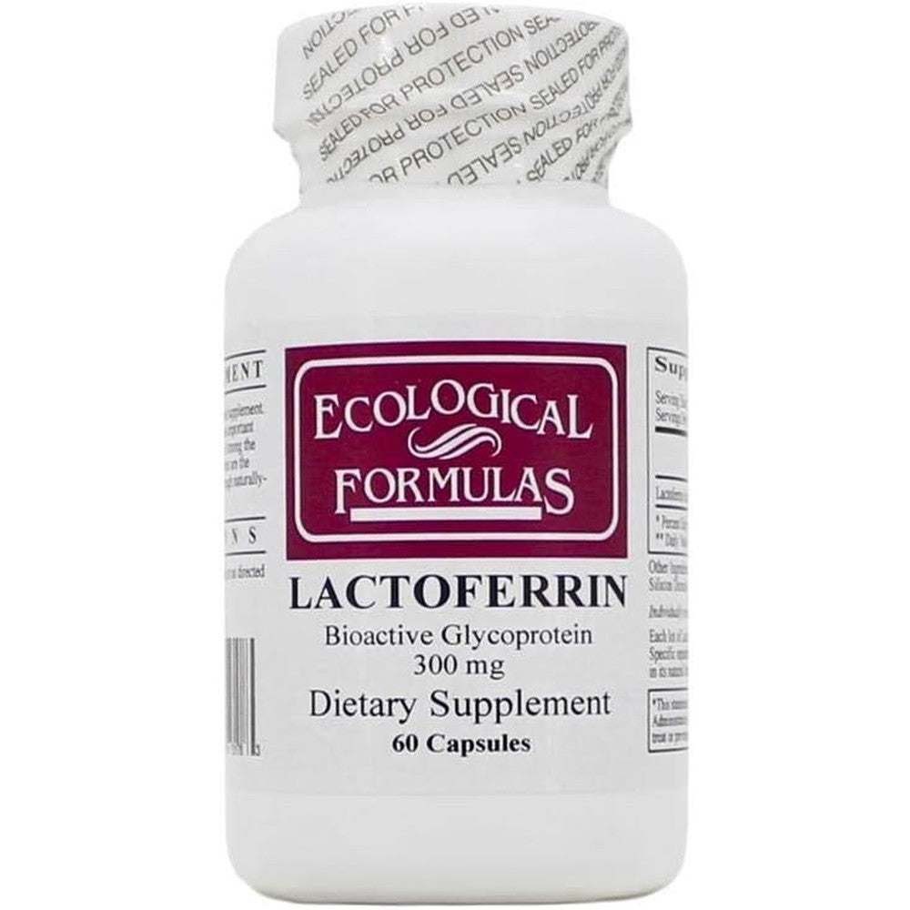 Ecological Formulas Lactoferrin 300 milligram 60 capsules front view bottle showing white label for immune and intestinal support.