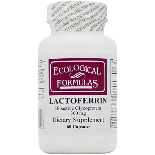 Ecological Formulas Lactoferrin 300 milligram 60 capsules front view bottle showing white label for immune and intestinal support.
