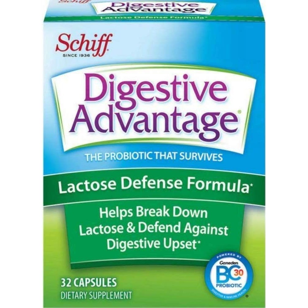 Schiff Digestive Advantage Lactose Defense Formula thirty-two capsules front view showcasing authentic packaging for dairy digestion support.