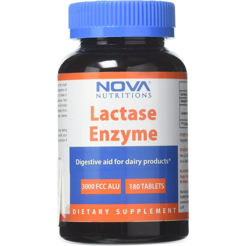 Nova Nutritions Lactase Enzyme 3000 Food Chemical Codex Acid Lactase Units 180 tablets front view bottle packaging