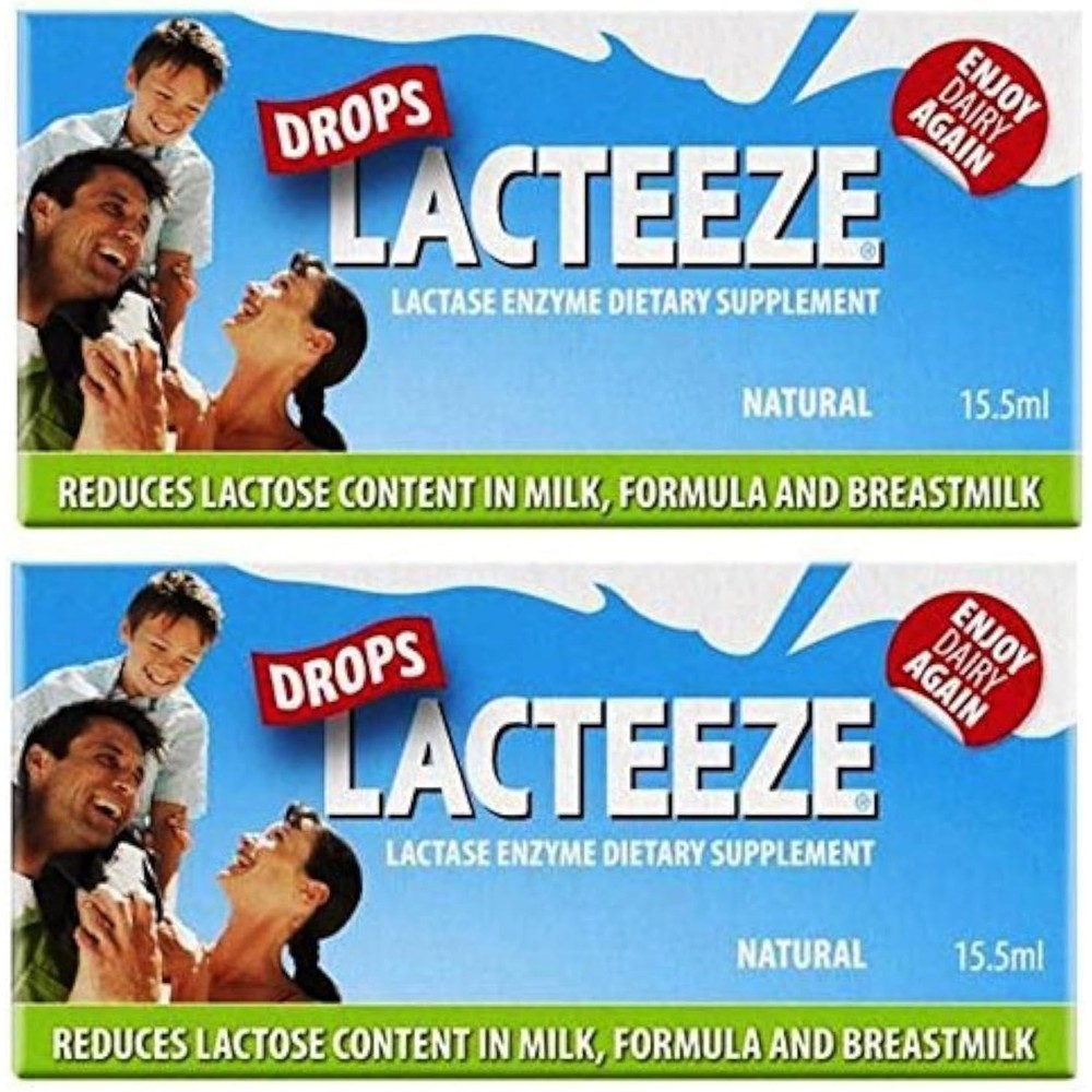 Gelda Scientific Lacteeze Lactase Enzyme Drops front view of packaging for infant and adult lactose intolerance relief.