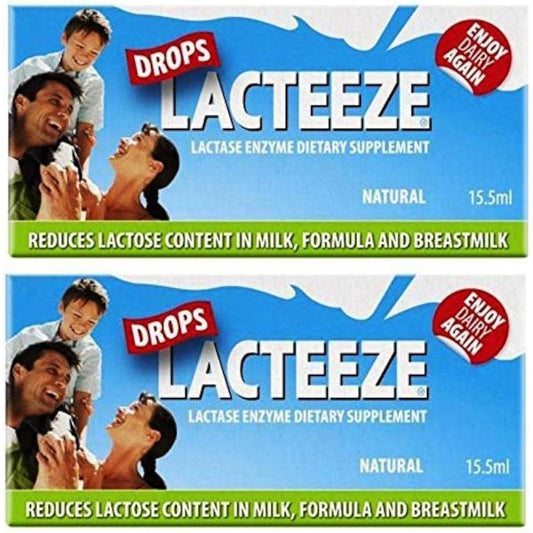 Gelda Scientific Lacteeze Lactase Enzyme Drops front view of packaging for infant and adult lactose intolerance relief.