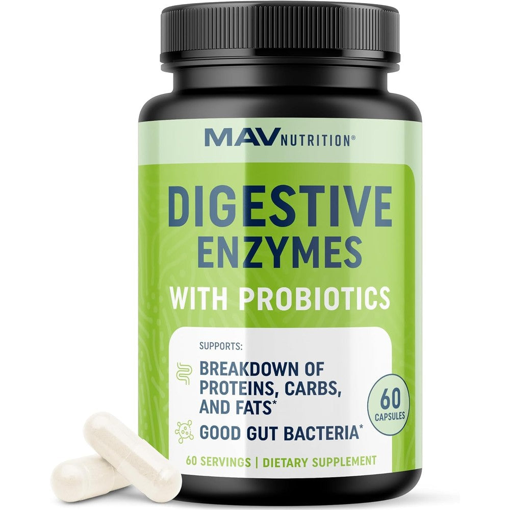 MAV Nutrition Digestive Enzymes 400MG with Probiotics bottle front view showing green label.