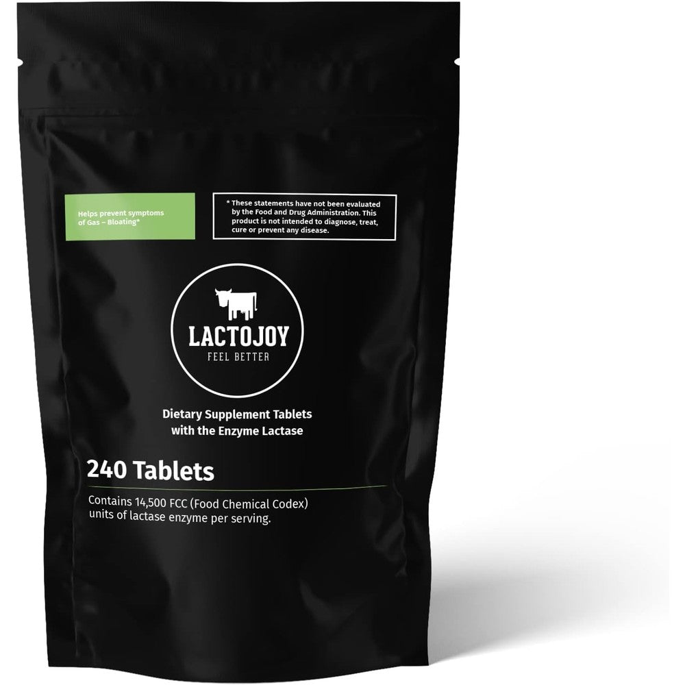 LactoJoy Lactase 14500 FCC 240 Tablets front view pouch package for lactose intolerance