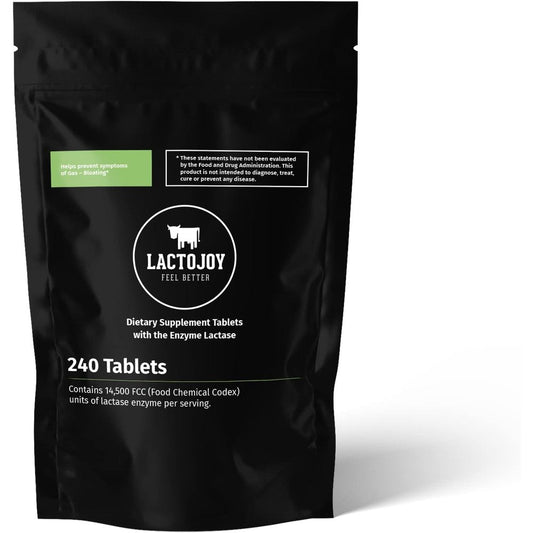 LactoJoy Lactase 14500 FCC 240 Tablets front view pouch package for lactose intolerance