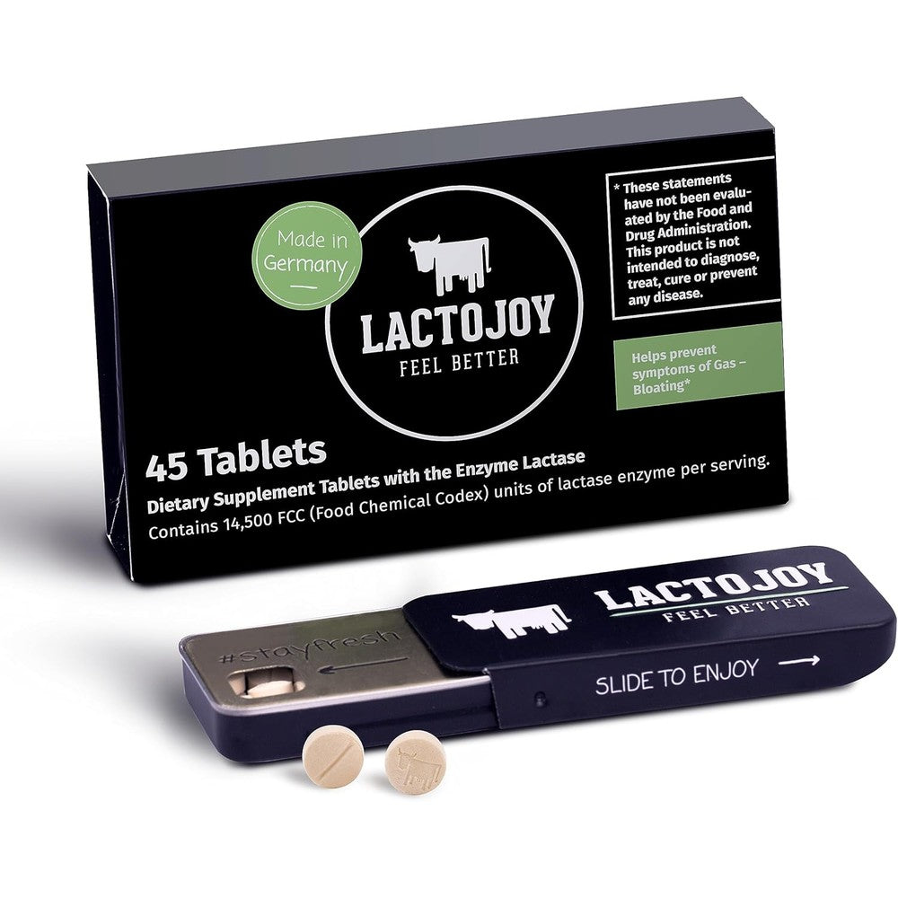 LactoJoy Lactase Pills 14500 FCC 45 Tablets front view packaging for lactose intolerance relief.