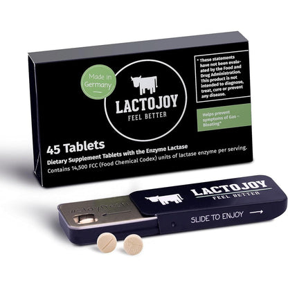 LactoJoy Lactase Pills 14500 FCC 45 Tablets front view packaging for lactose intolerance relief.