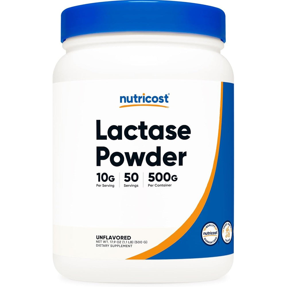 Nutricost Lactase Powder 500 Grams container front view showing digestive support details