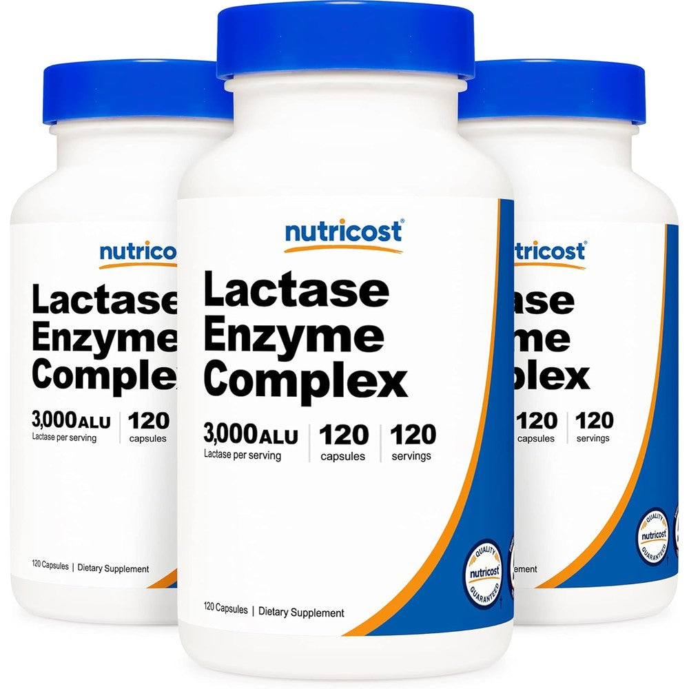 Nutricost Lactase Enzyme Complex 3000 ALU vegetarian capsules three bottle pack front view for lactose intolerance support.