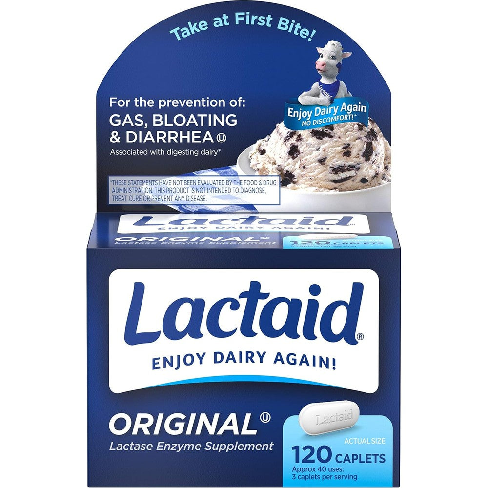 Lactaid Original Strength Lactase Enzyme 120 Caplets 6 Pack front view showcasing authentic USA packaging