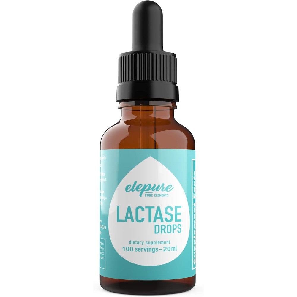 Elepure Pure Elements Lactase Drops front view showing product packaging for lactose intolerance relief
