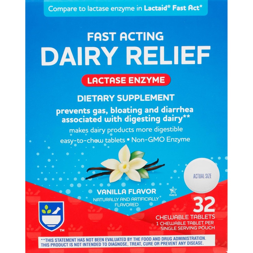 Rite Aid Fast Acting Dairy Relief front view packaging of chewable tablets for lactose intolerance