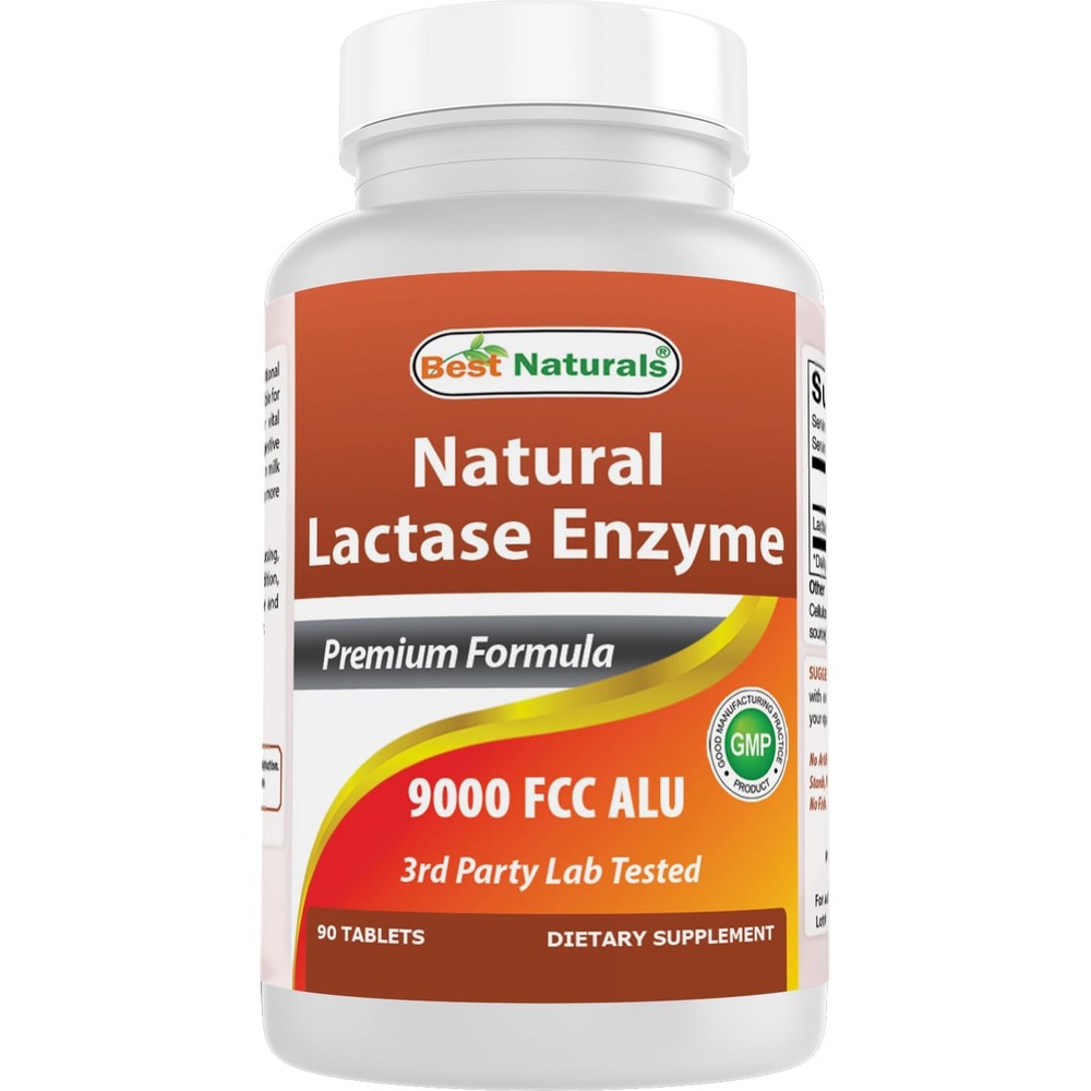 Best Naturals Lactase Enzyme Tablets 90 Count front bottle view for lactose intolerance relief.