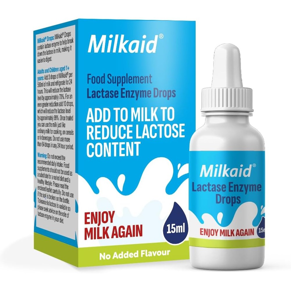Milkaid Lactase Enzyme Drops 0.5 fluid ounce bottle front view for lactose intolerance relief