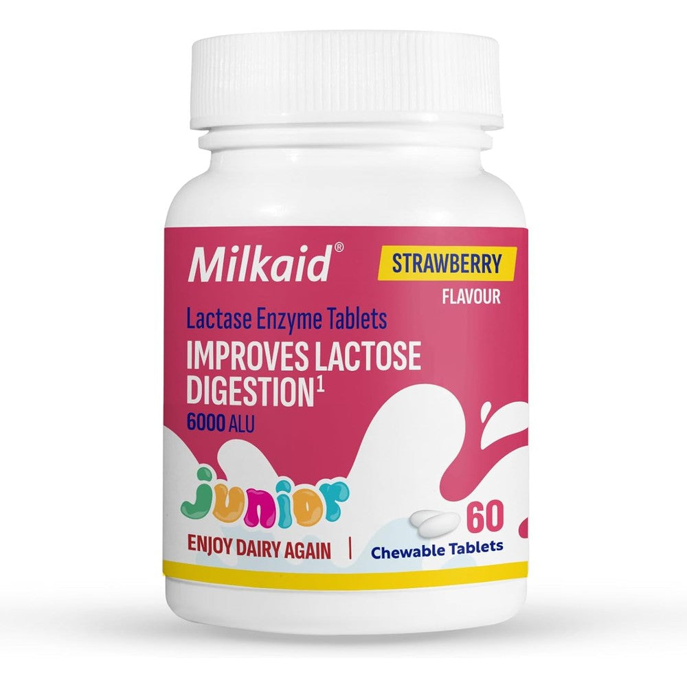Milkaid Junior Lactase Enzyme Chewable Strawberry Tablets front packaging view