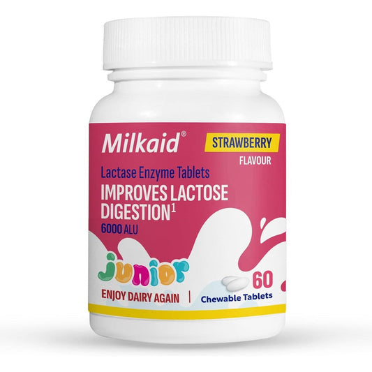Milkaid Junior Lactase Enzyme Chewable Strawberry Tablets front packaging view