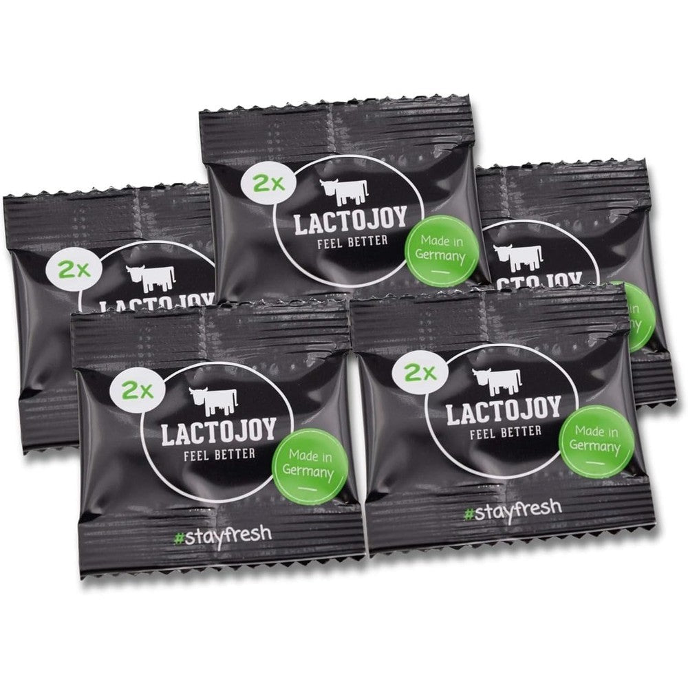 LactoJoy Lactase Enzymes For Digestion Tablets front packaging showing 5 sachets containing 10 tablets total for lactose intolerance relief