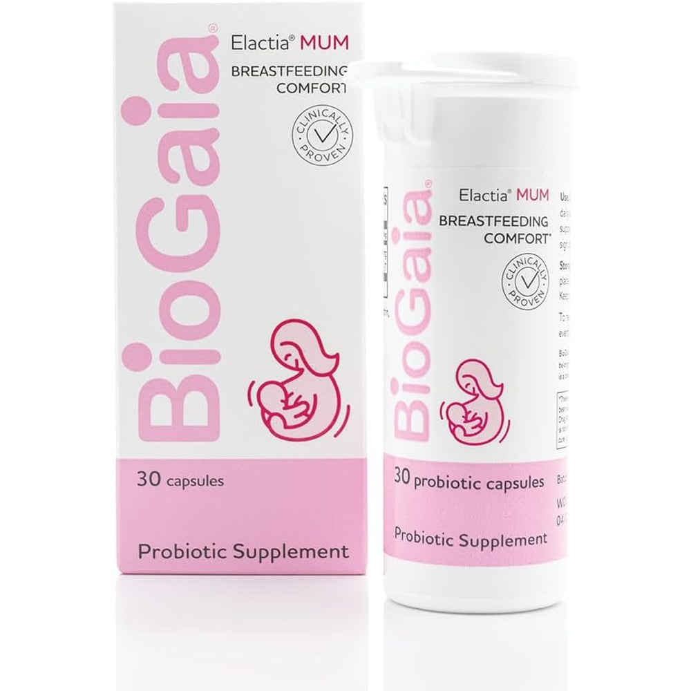 BioGaia Elactia breastfeeding probiotic lactation supplements front view of pink and white packaging box.