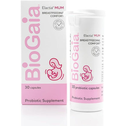 BioGaia Elactia breastfeeding probiotic lactation supplements front view of pink and white packaging box.