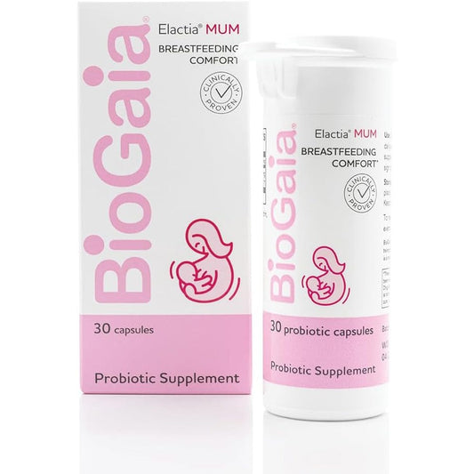 BioGaia Elactia breastfeeding probiotic lactation supplements front view of pink and white packaging box.