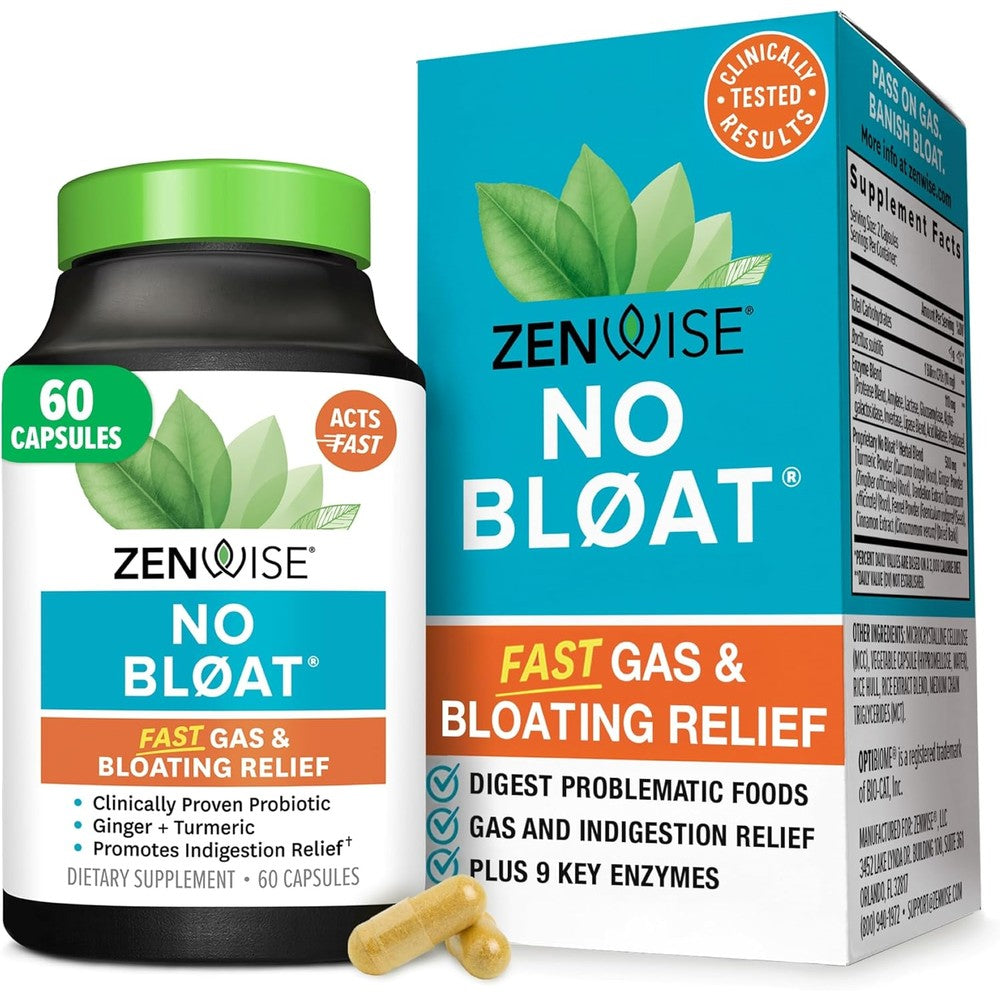 Zenwise Health No Bloat Digestive Enzymes 60 capsules front view bottle for bloating relief